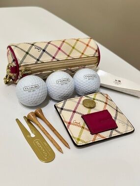 NWOT Coach Golf Ball Pouch and Tee Accessory Tool Holder Light Tattersall Plaid